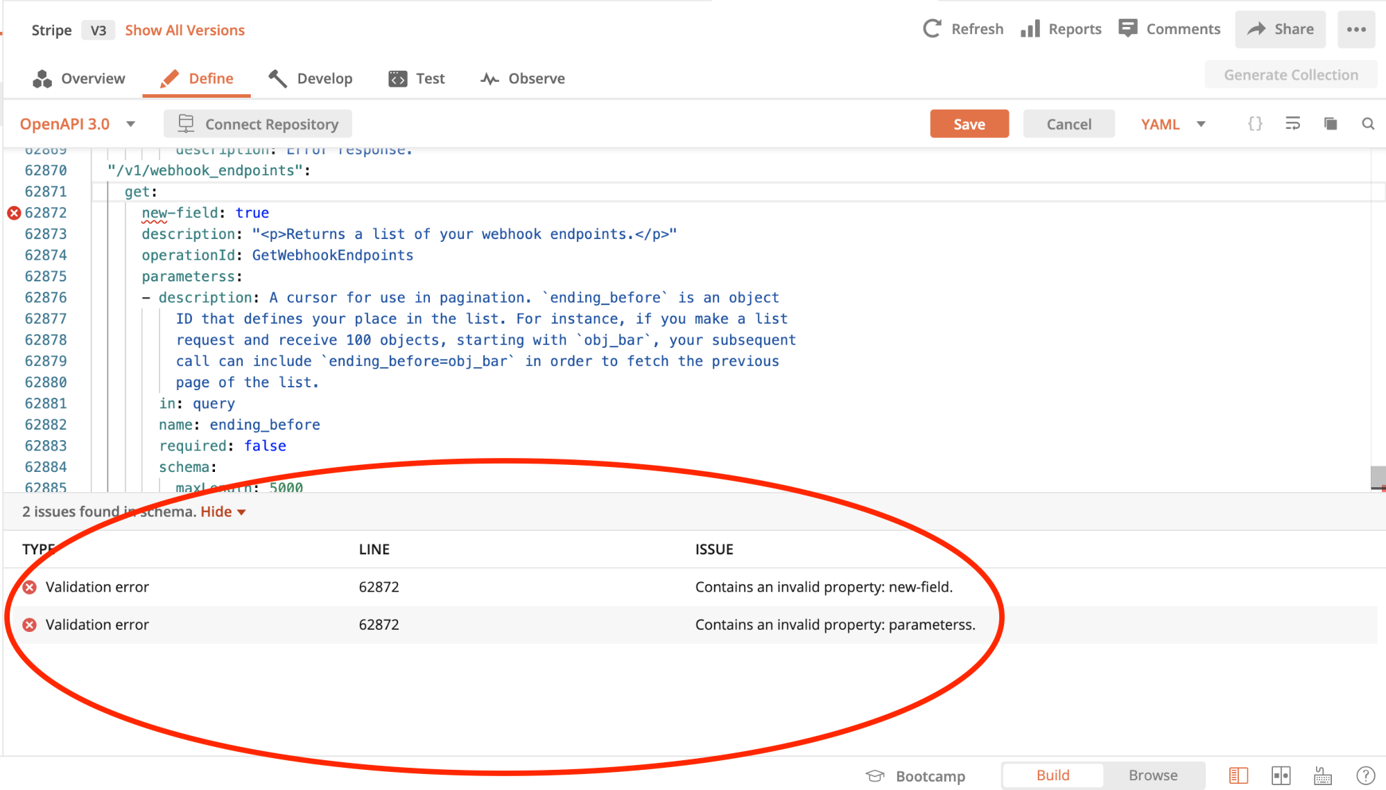 Postman API Builder schema validation pane returns feedback on OpenAPI definitions