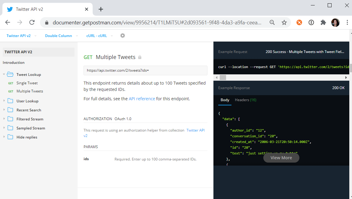 Twitter API documentation with metadata, examples, and folders