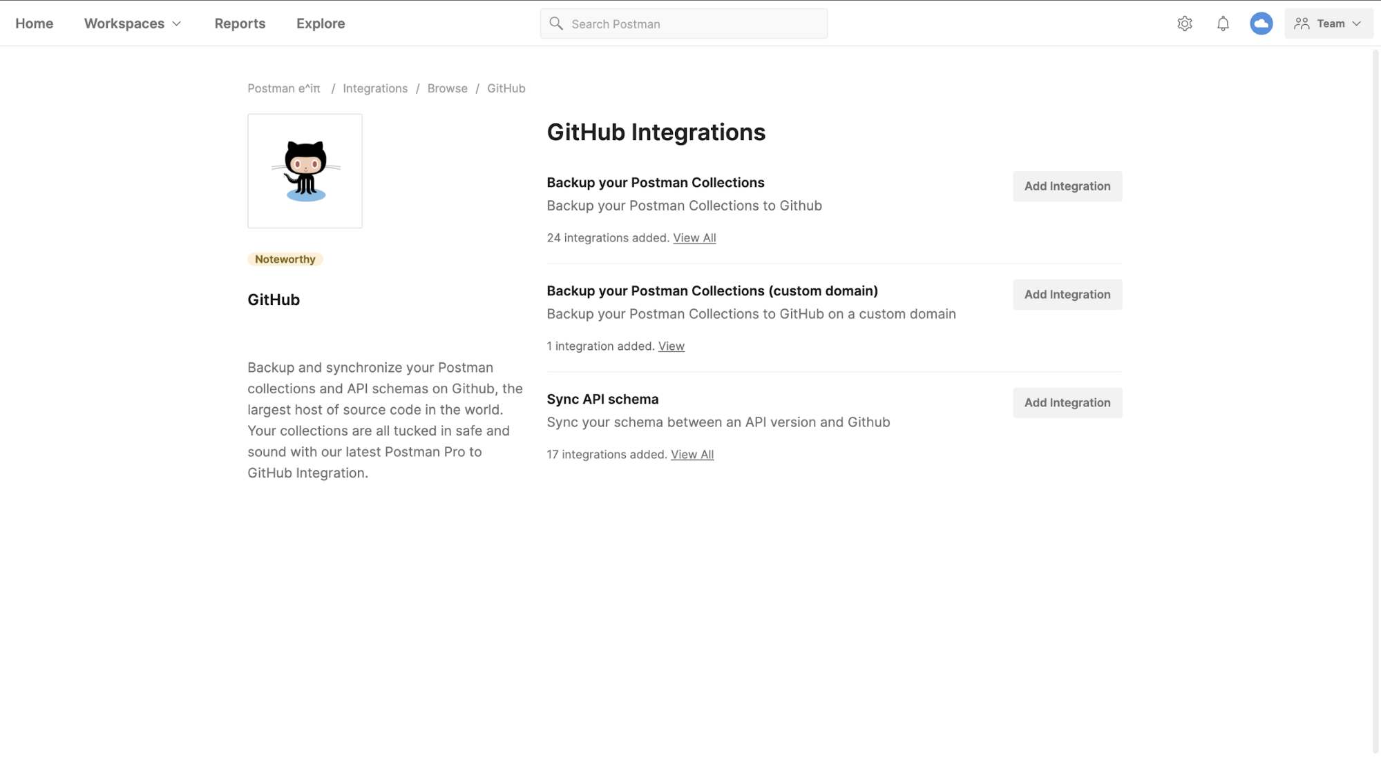 GitHub Integrations details page in Postman