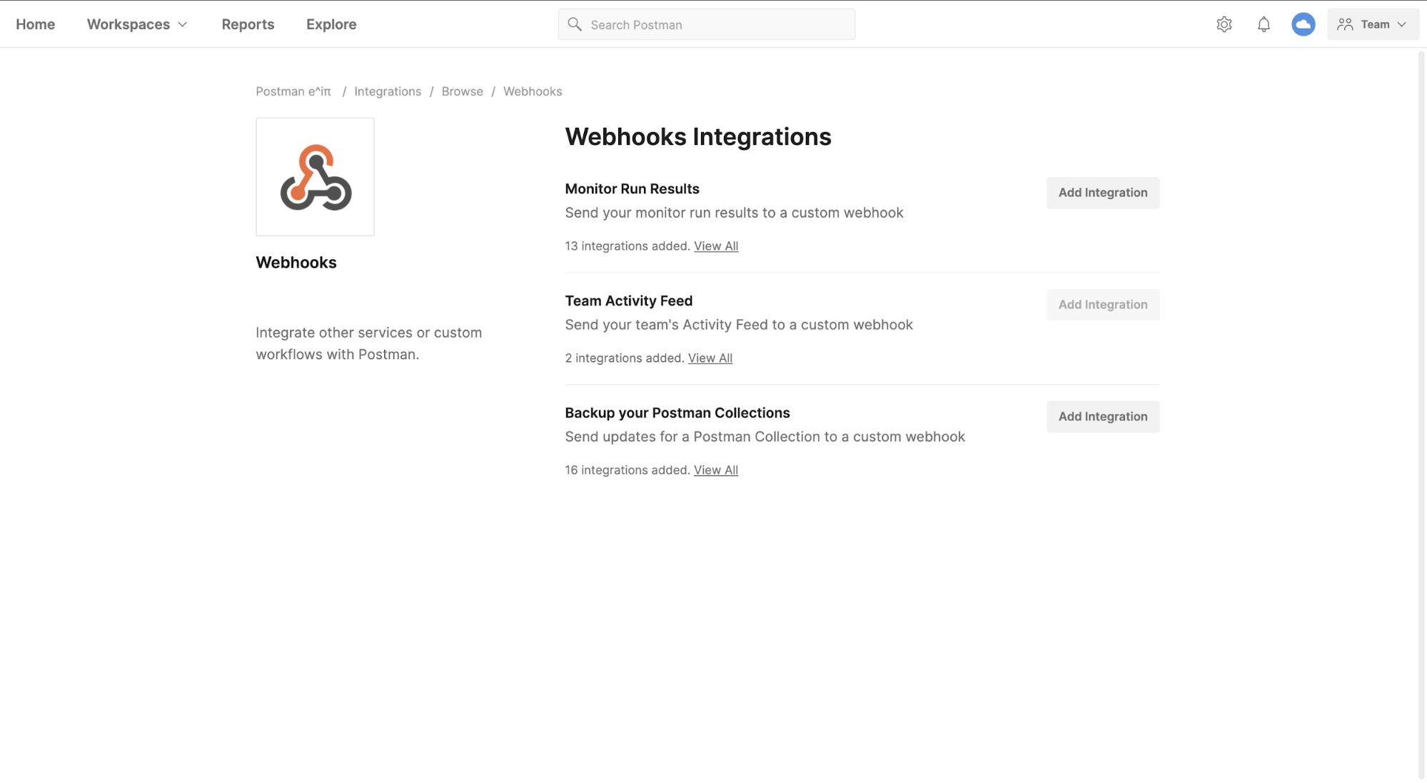 Webhooks Integrations details page in Postman