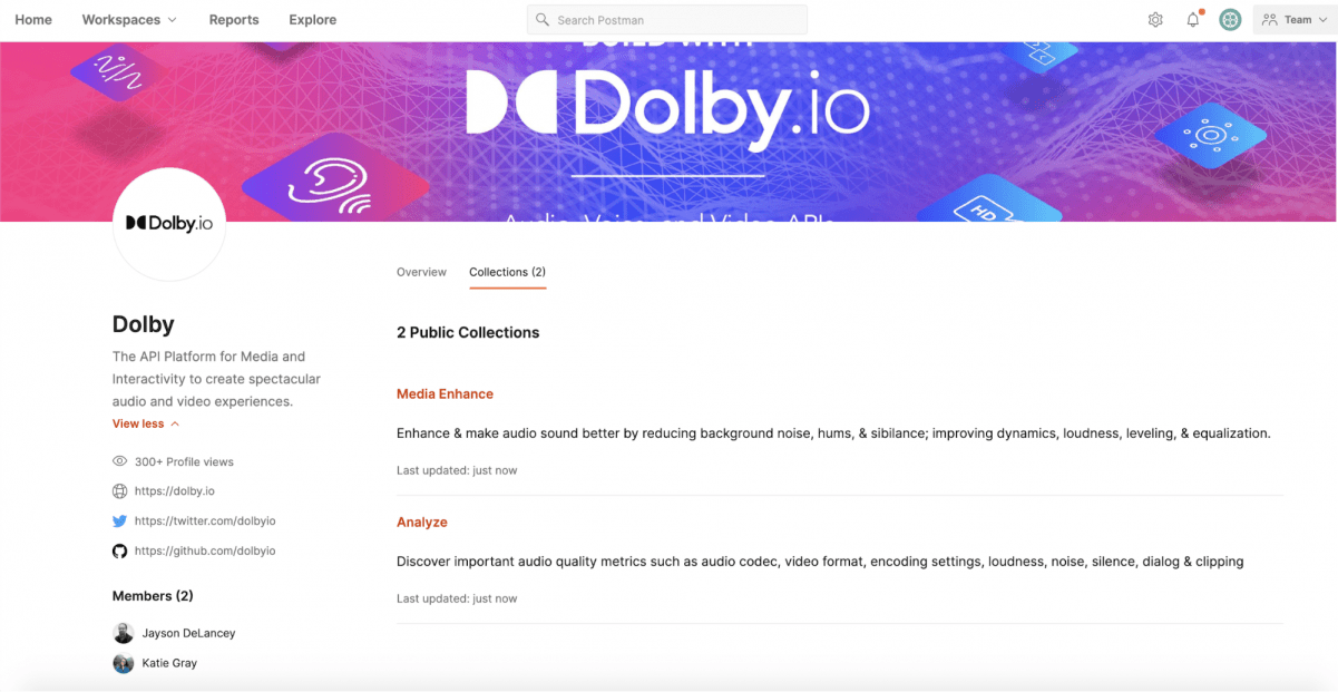Dolby.io Team Profile on the Postman Public API Network