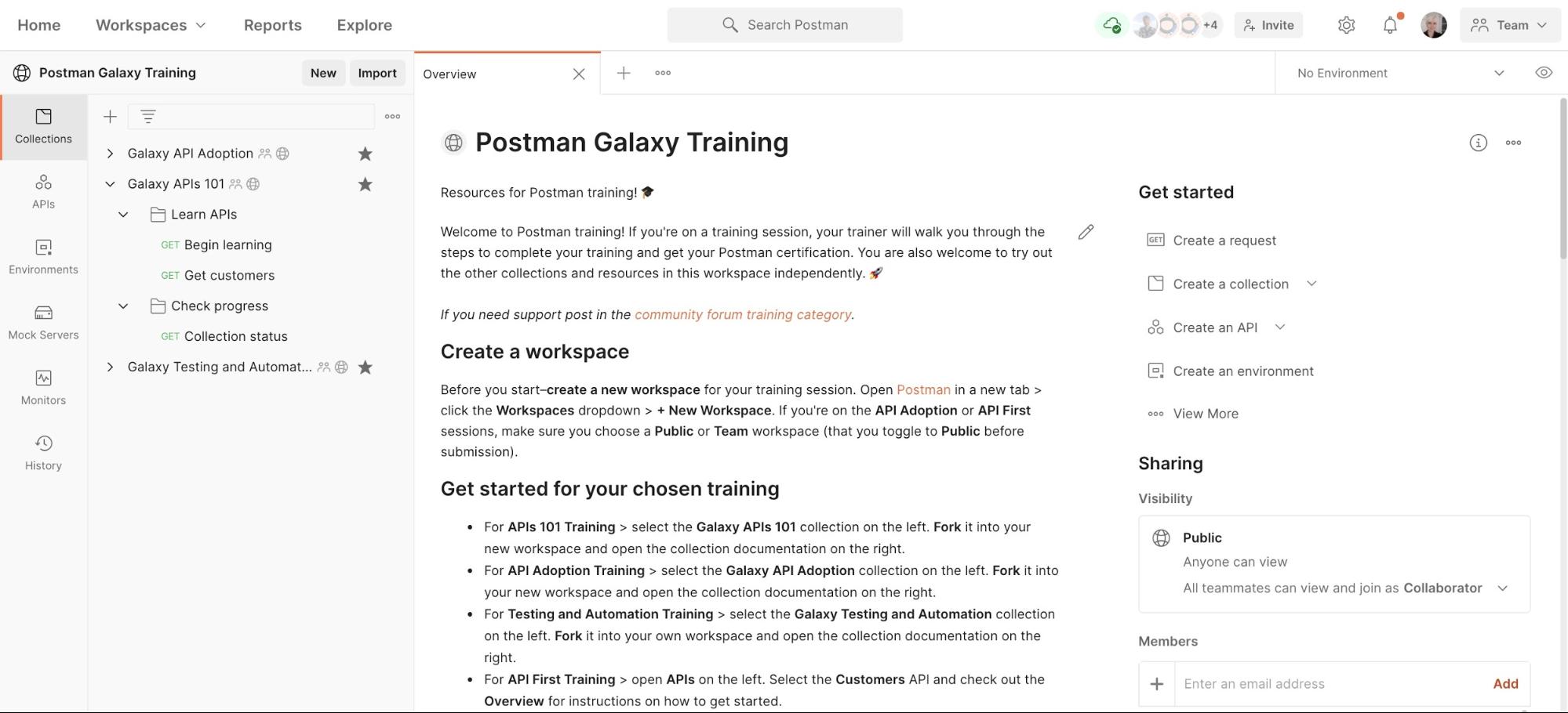 Postman Galaxy Training Overview page with API training options