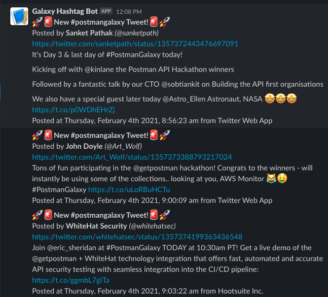 Twitter hashtag search bot for Postman Galaxy in action showing results in Slack
