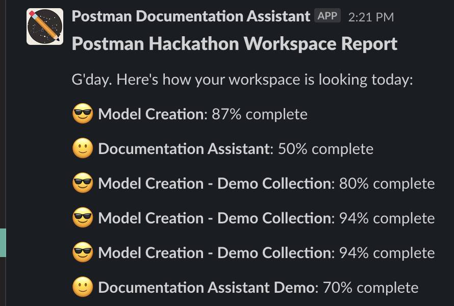 A Slack message describing the documentation progress of our Postman API Hack workspace. Very meta