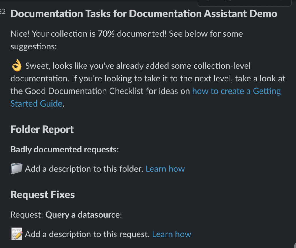 A sample Slack report describing the documentation progress of a collection