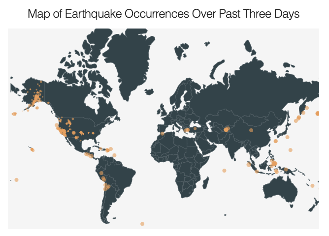 Map of Earthquake Occurrences Over the Past Three Days visualization using d3.js