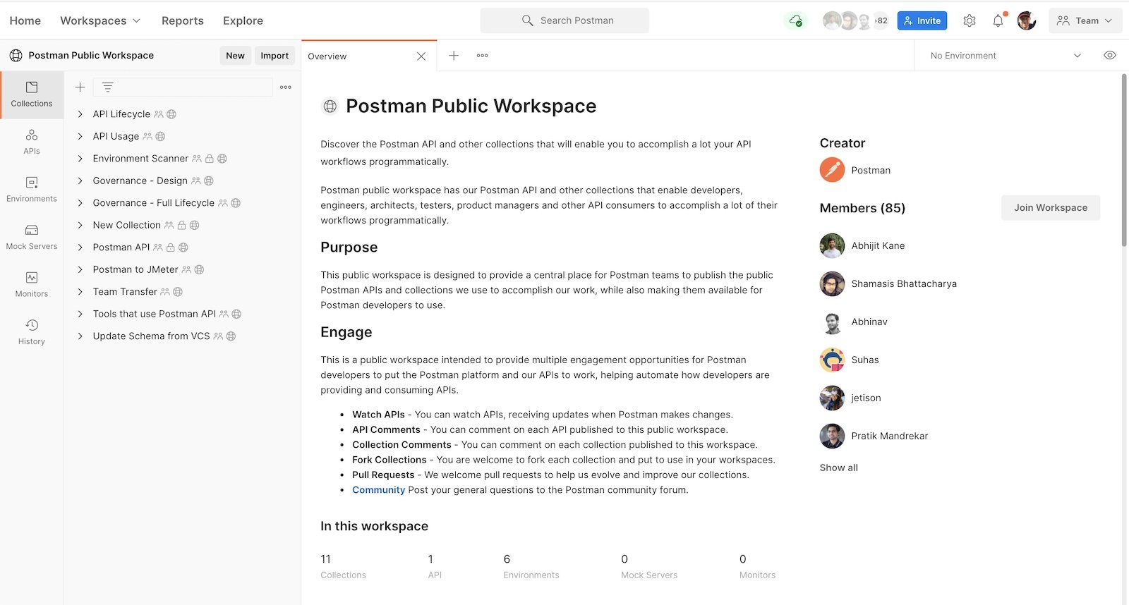 Example of an Overview page, from the Postman Public Workspace