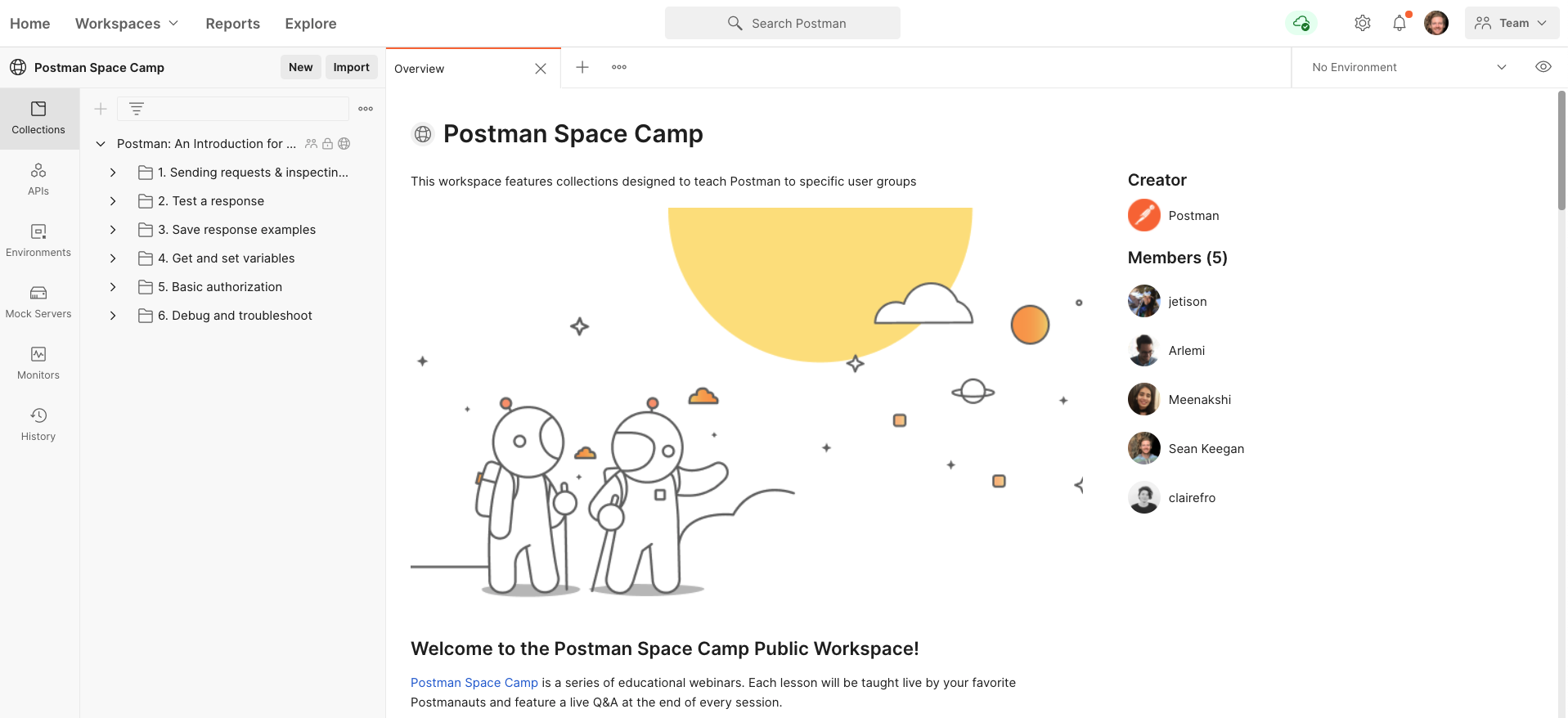 Postman Space Camp public workspace Overview page