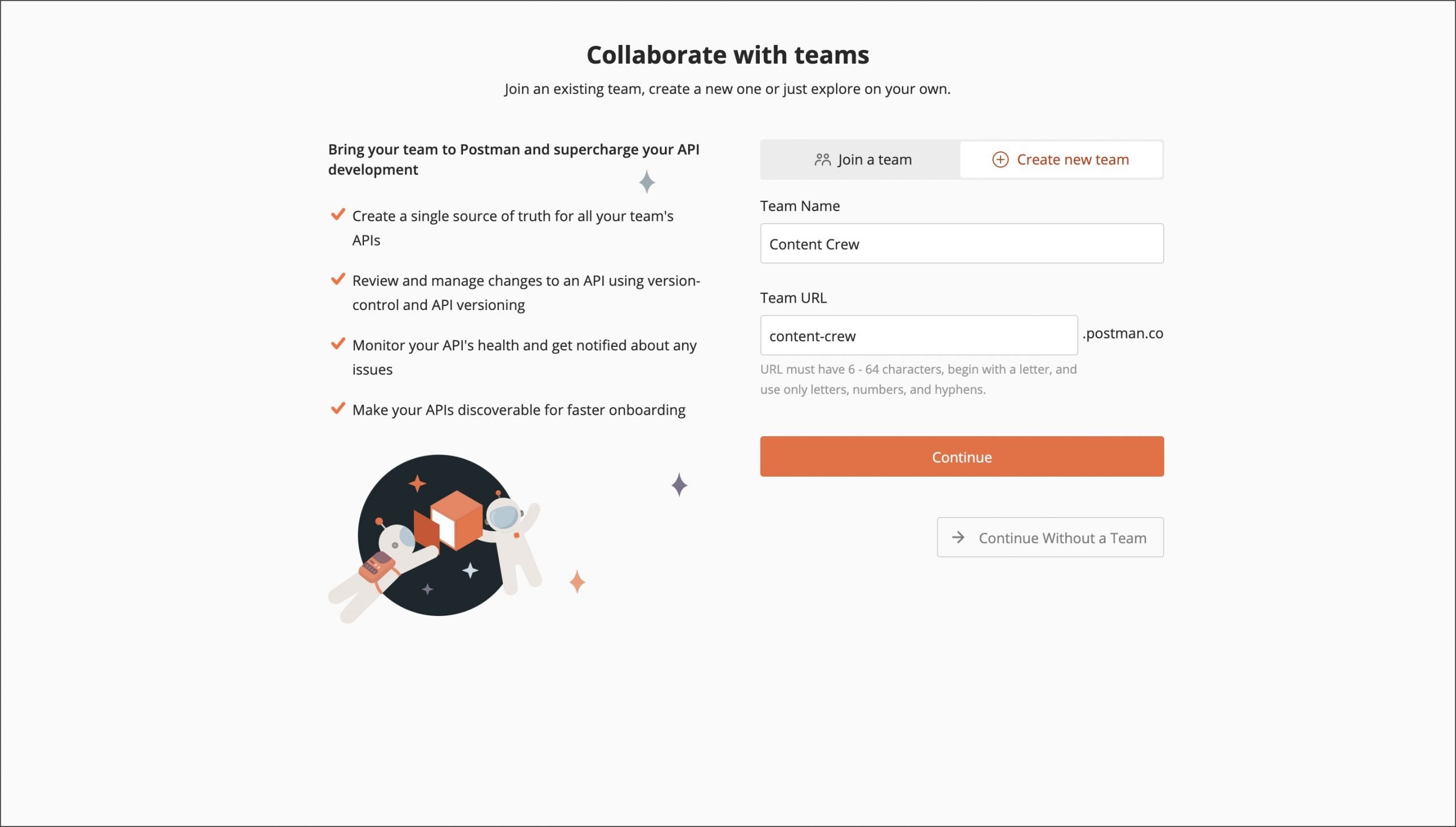 Create a team while signing up for a new account
