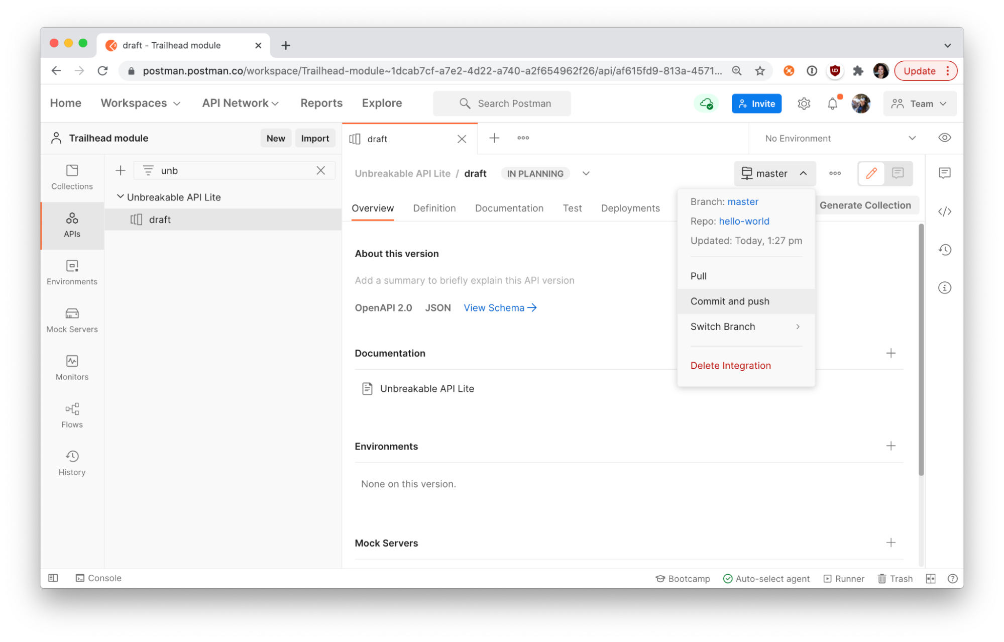 Git features for API management in Postman
