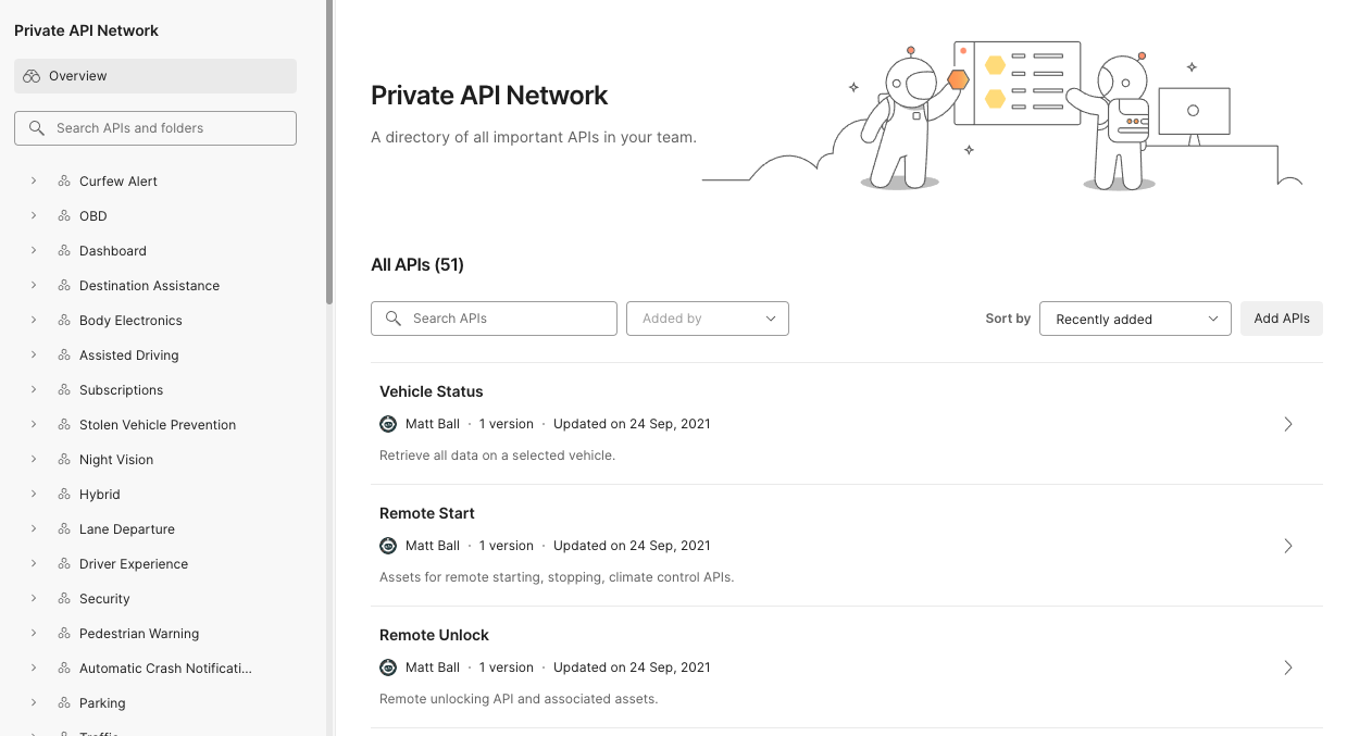 The Private API Network listings for our automotive industry demo environment