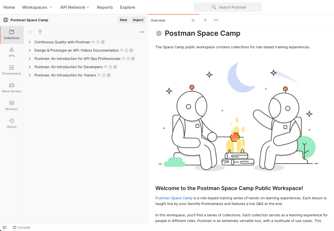 The Postman Space Camp public workspace overview page
