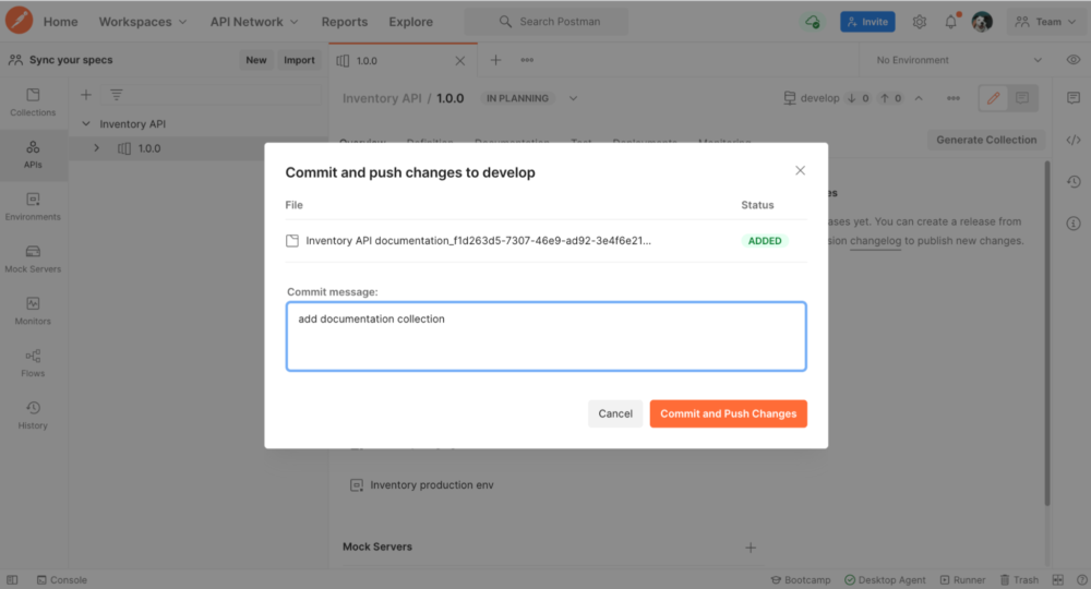 Commit and push changes from Postman