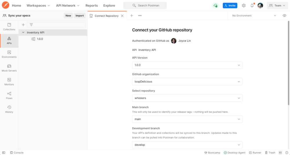 Connect API version to GitHub repository