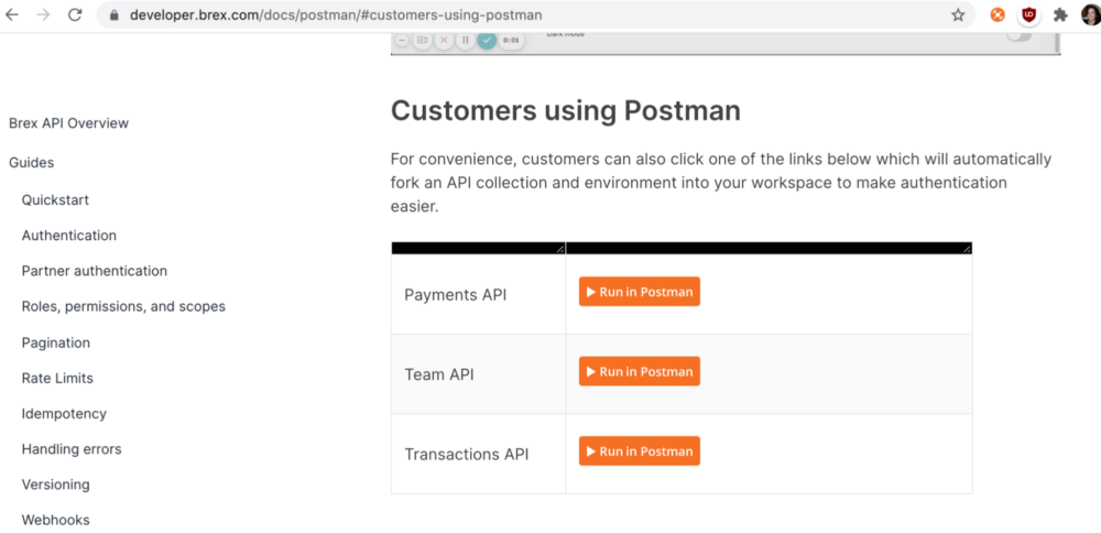 Brex API documentation displays Run in Postman buttons to make authentication easier