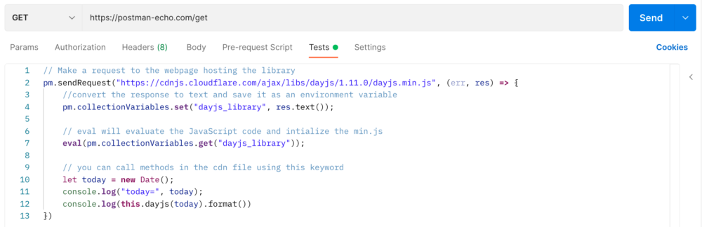 Importing the Day.js library by sending a request to the CDN and saving it as a collection variable