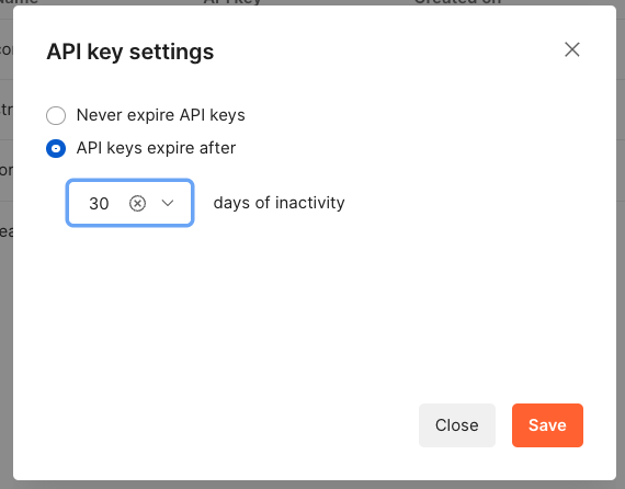 The API key settings popup gives you the option to either “Never expire API keys” or set them to expire after 30, 60, or 180 days of inactivity