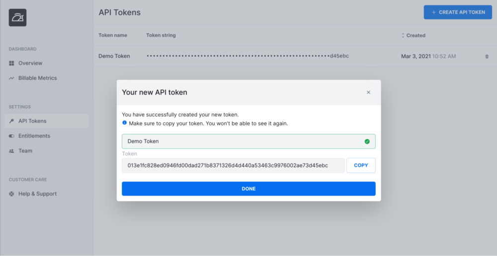 Create new API token in Metronome