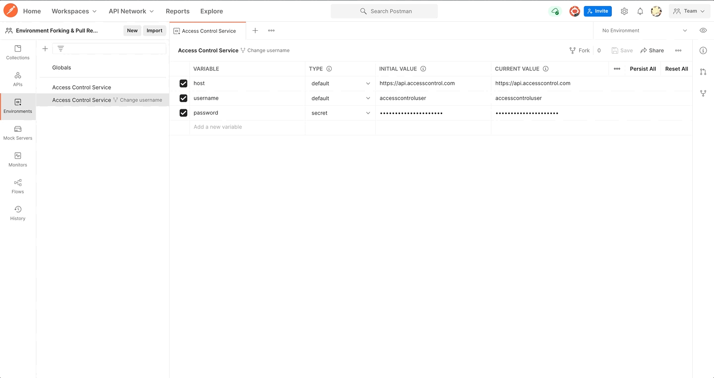 Fork and pull requests for environment in Postman