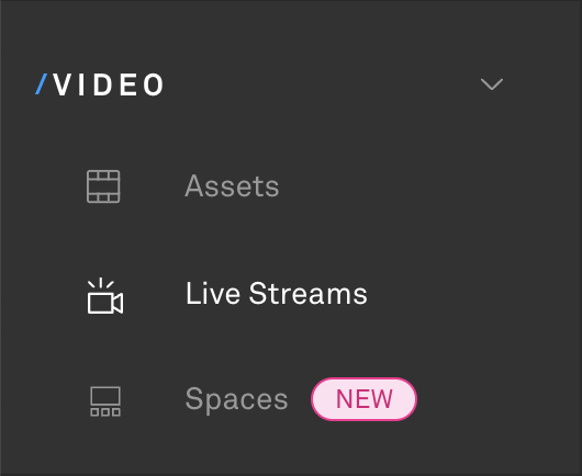 A portion of the left-side menu in the Mux dashboard that includes items for Assets, Live Streams, and Spaces