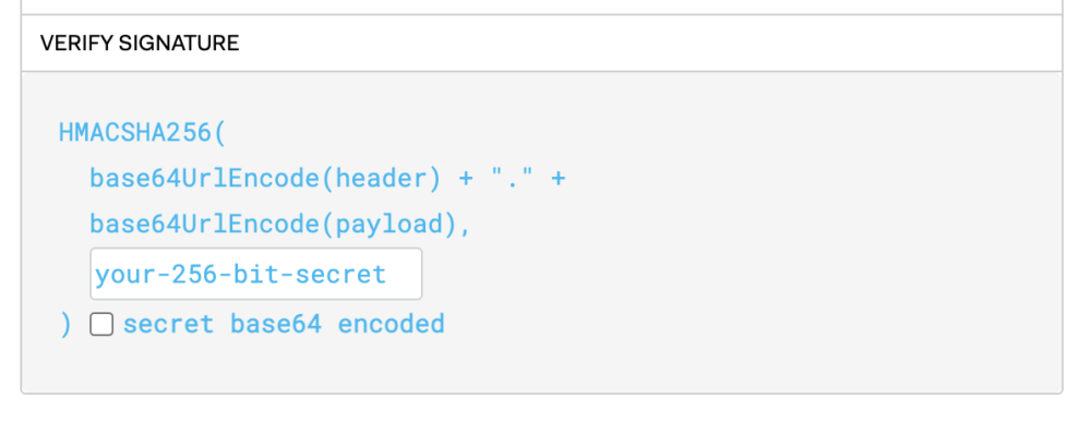 The signature verification section on JWT.io when signing a JWT token. A blank field with placeholder text `your-256-bit-secret` prompts users to paste in their base-64 decoded private key