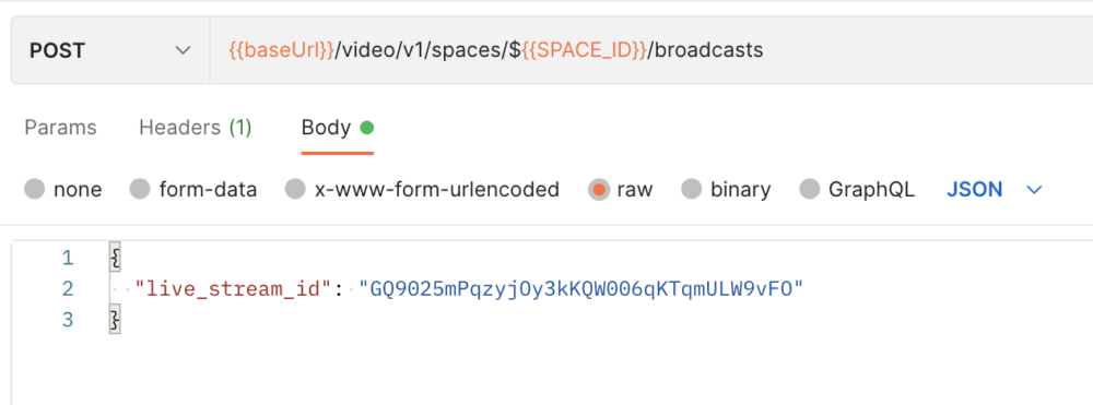 A sample request body for a POST request to the broadcasts API; it depicts a key-value pair for live_stream_id