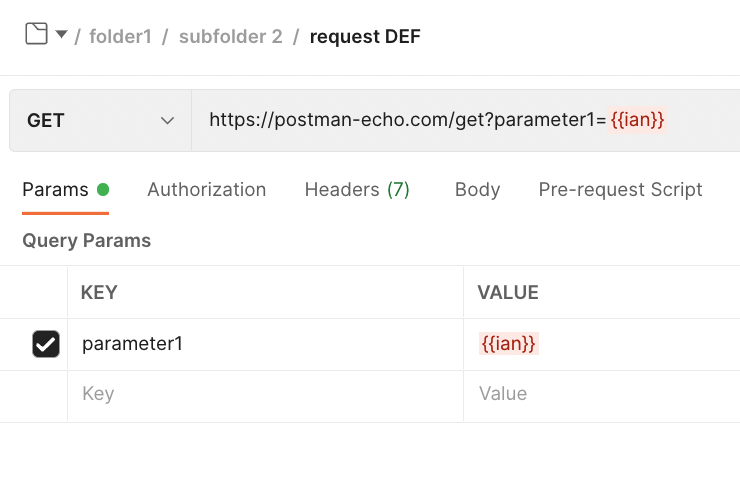 Using the `{{ian}}` variable from our pre-request code in our URL as a parameter