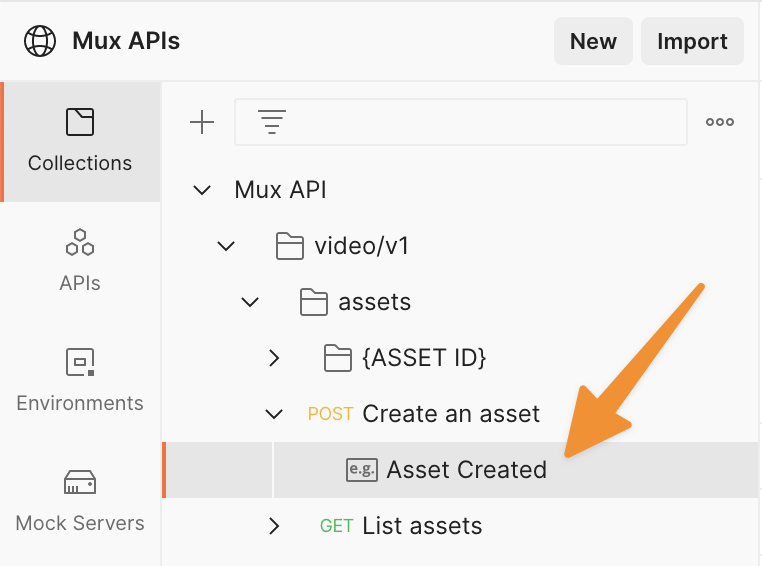 A screenshot showing the top section of the Mux API tree, which includes v1 video API routes like creating and listing assets. A large orange arrow points to the example for creating an asset.