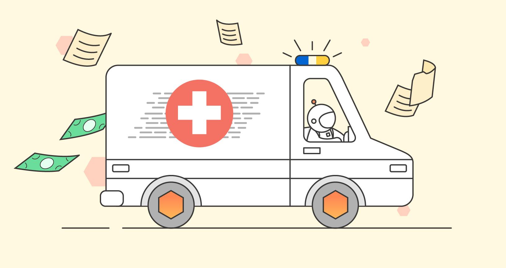 Postmanaut driving ambulance for the health of APIS. Illustration.