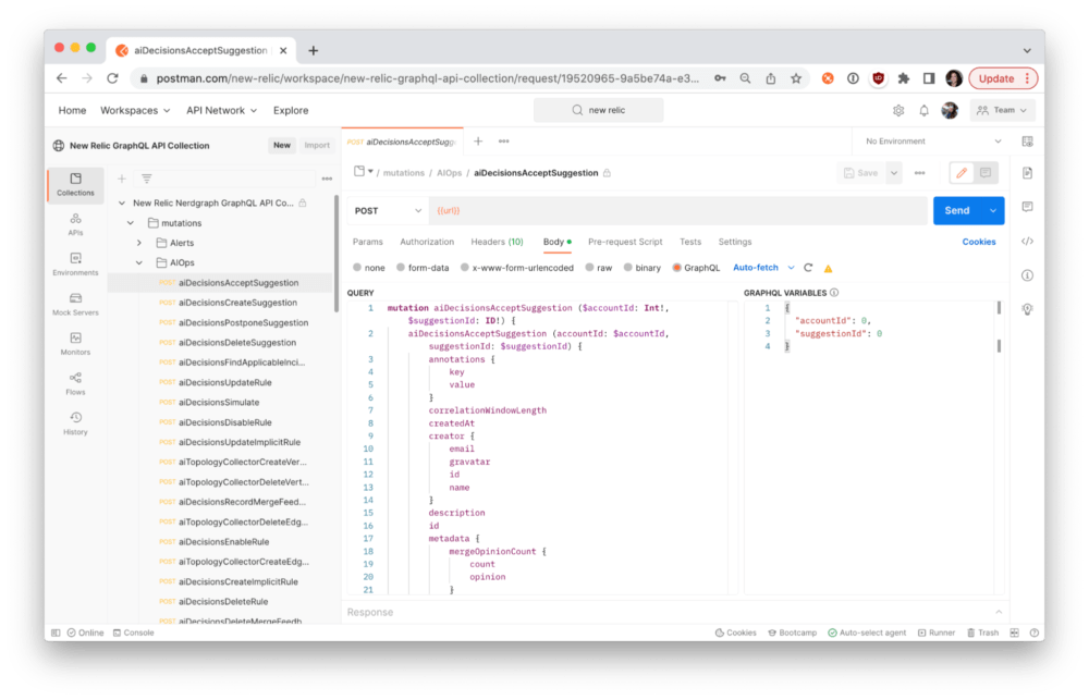 New Relic provides examples of structured GraphQL queries along with the GraphQL schema
