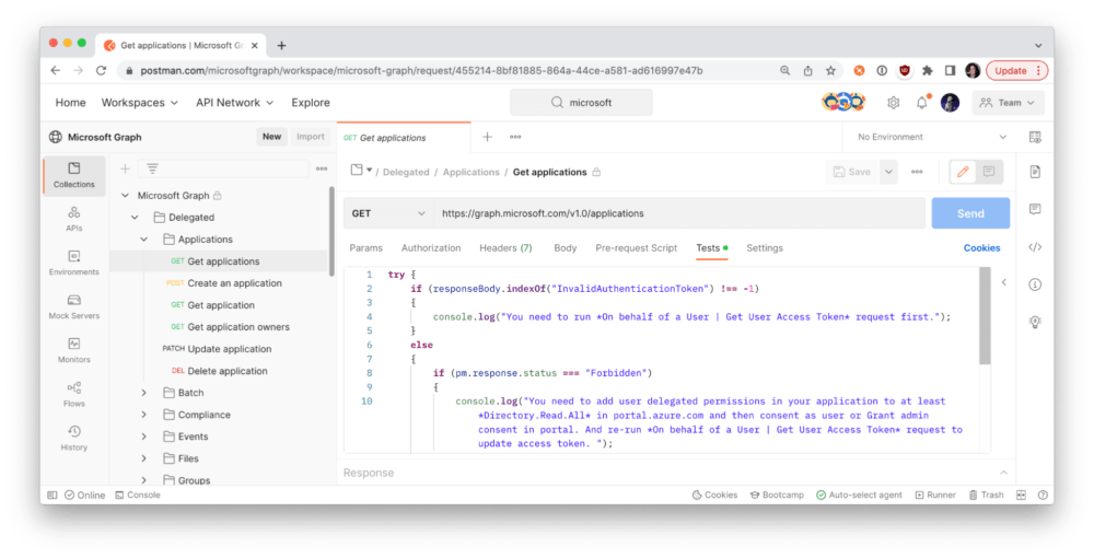 Microsoft adds log statements in their Postman collection for more visibility