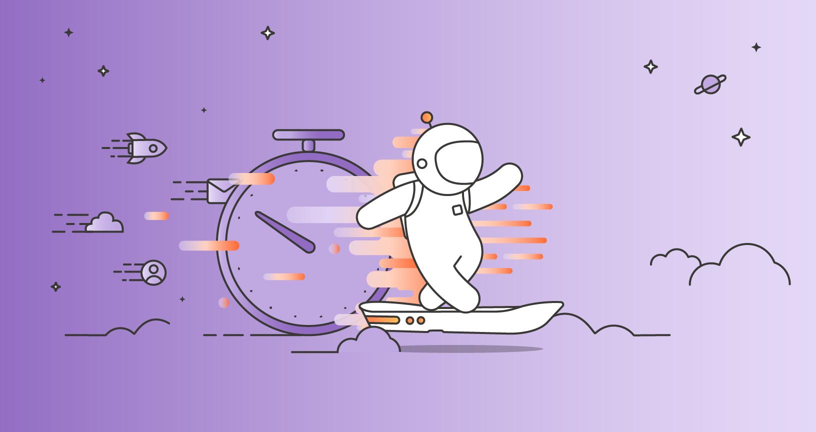 Postman hoverboarding through onboarding. Illustration.