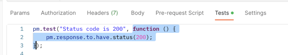 Test specifications is highlighted as the second parameter in the `pm.test()` method
