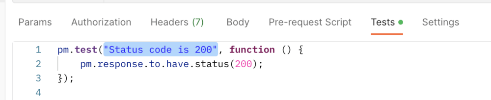 Name of the test is highlighted as the first parameter in the `pm.test()` method