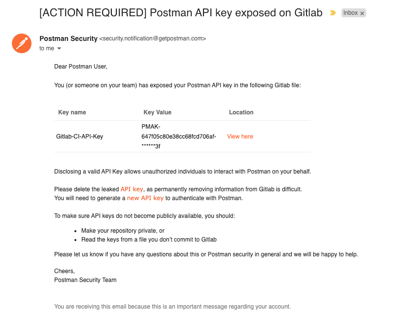 Example email notification of exposed Postman API key on GitLab