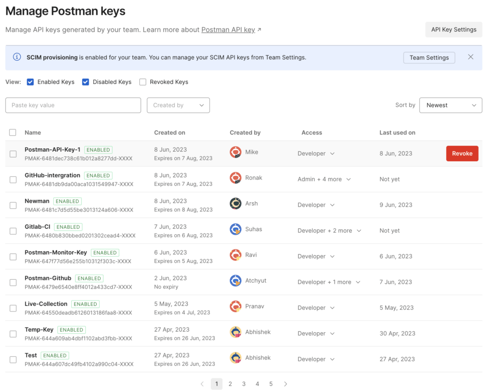 Manage Postman Keys page interface in the Postman API Platform