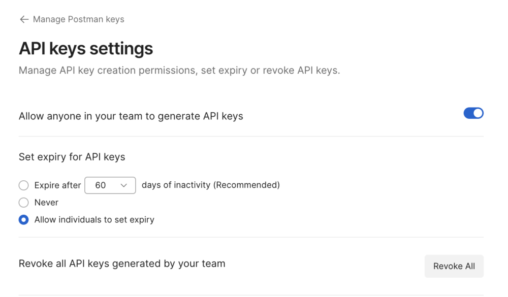 API Key Settings page in the Postman API Platform
