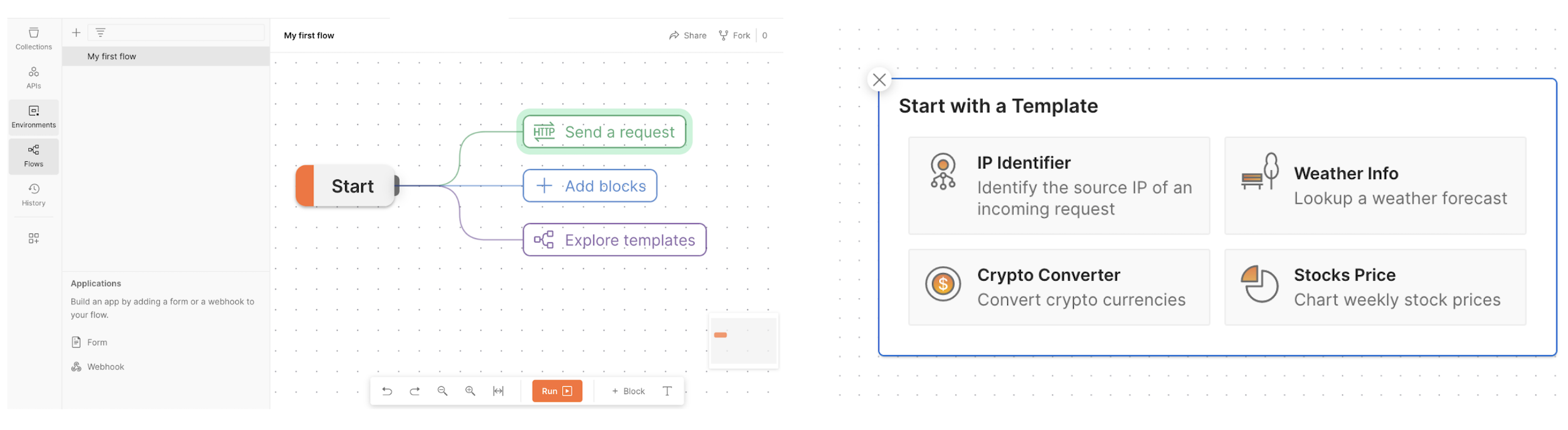 Flows Start block. You can add an API request or create a flow from a pre-built template. 