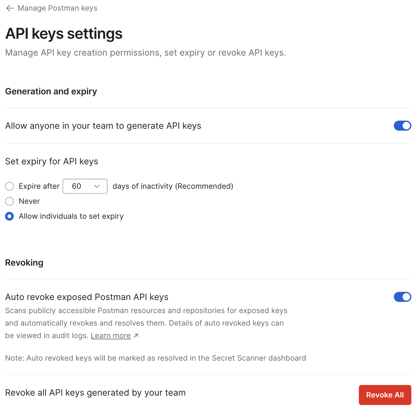 API keys settings page in Postman