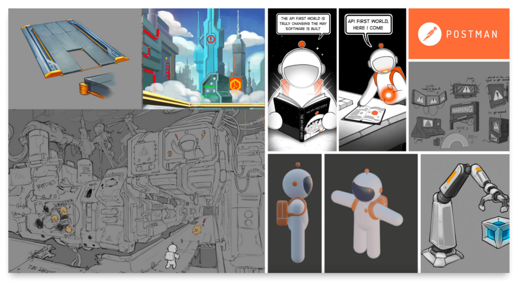 Ideation and concept sketches from the mobile game, Postman: API-First Journey