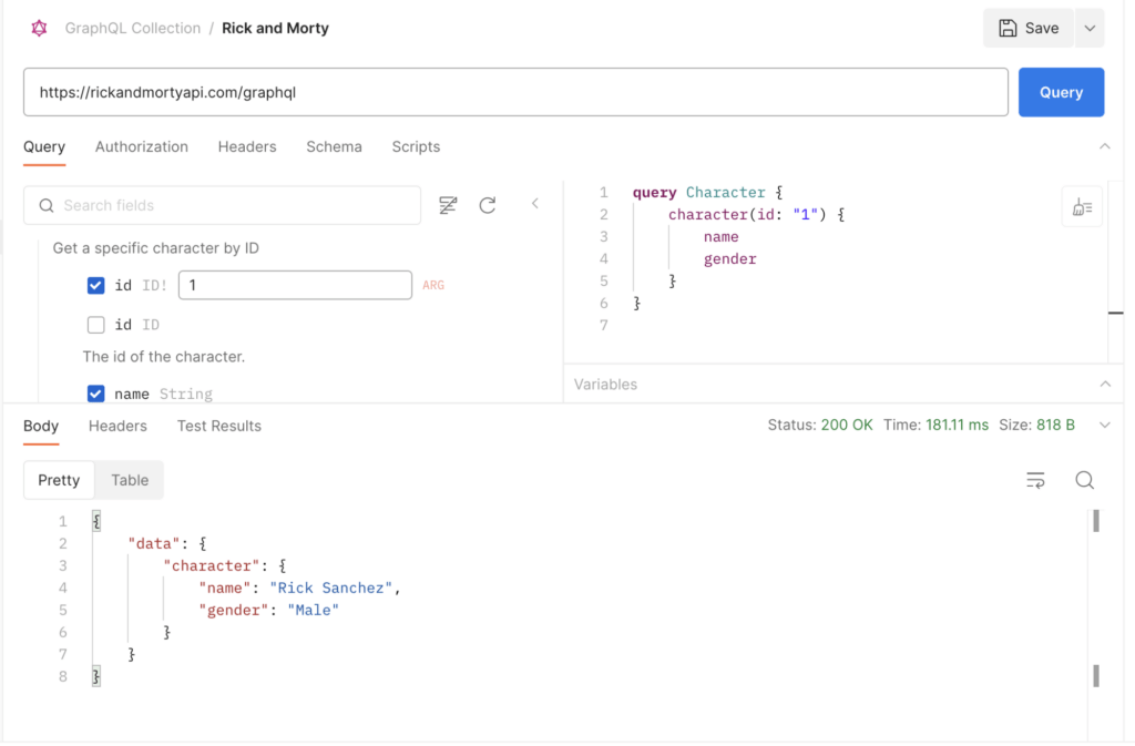 GraphQL query results in Postman.