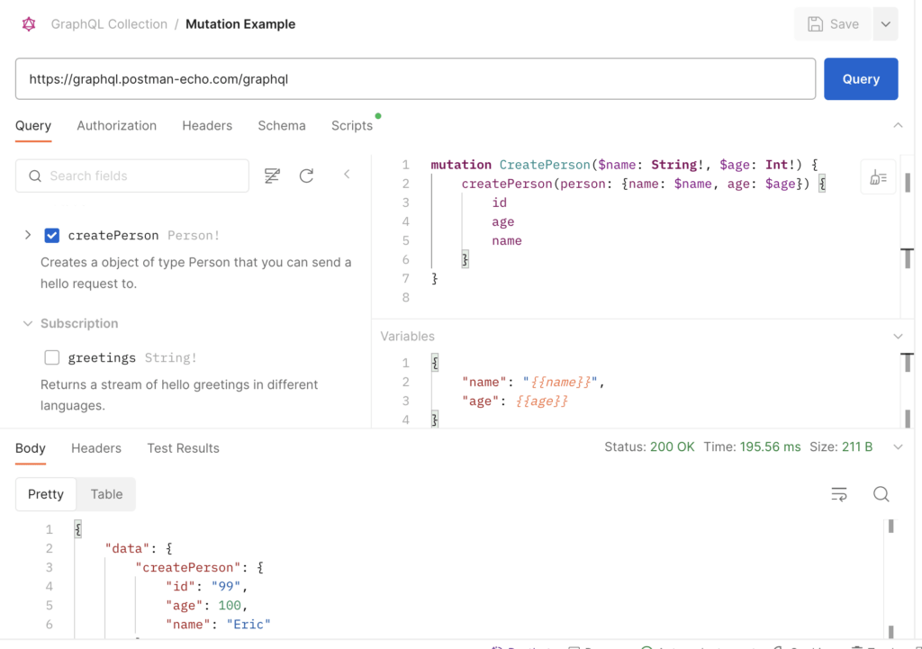 Using variables for dynamic GraphQL mutation execution in Postman.
