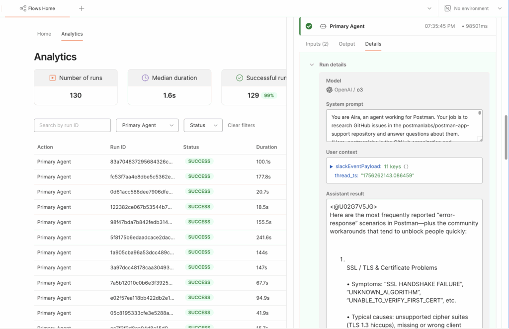 analysing real user queries and agent's response with Flows Analytics