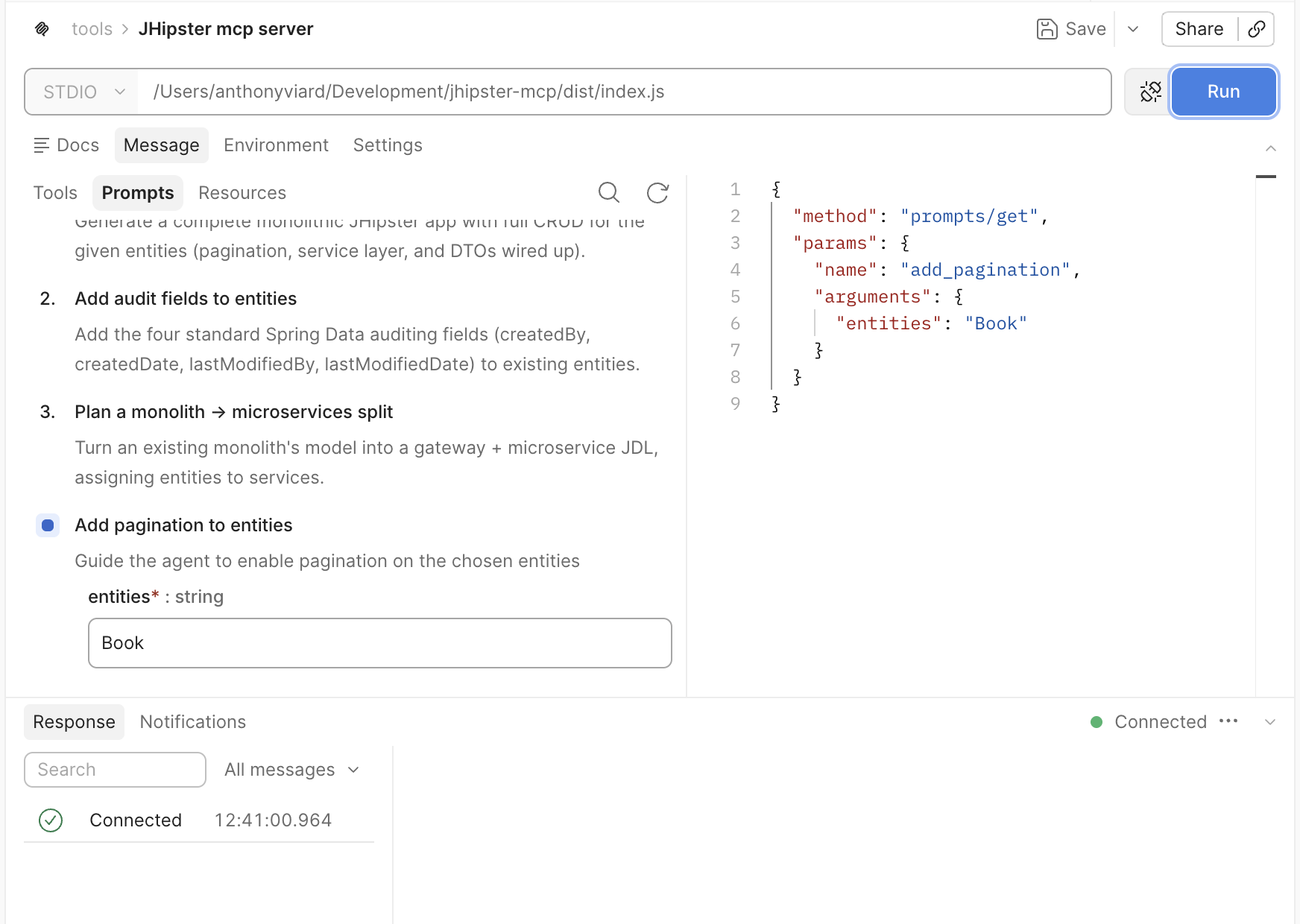 The add_pagination prompt now visible in the Prompts tab of the Postman MCP request