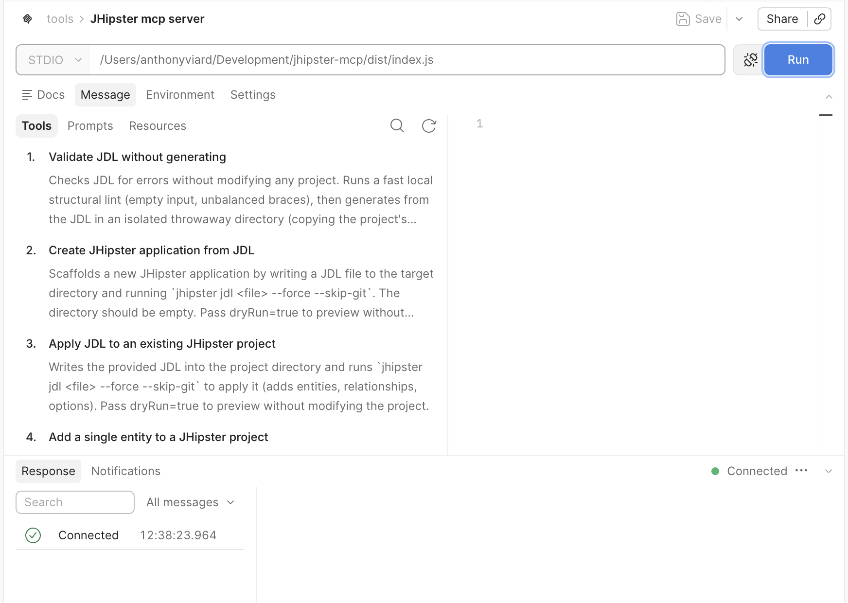 Postman MCP request connected to the jhipster-mcp server, showing the Tools, Prompts, and Resources tabs populated