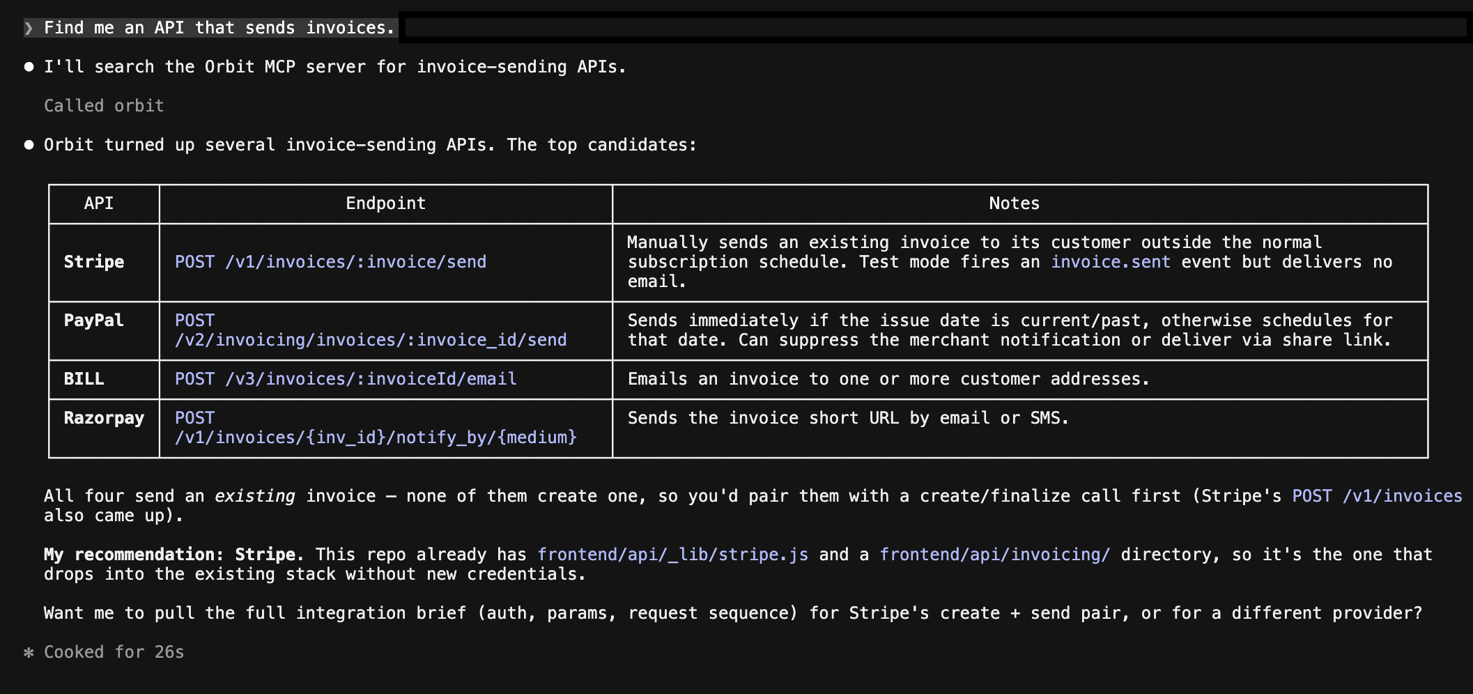 An agent session showing Orbit search results: a table of invoice-sending endpoints from Stripe, PayPal, BILL, and Razorpay, each with its HTTP method, path, and behaviour, plus a note that all four send an existing invoice rather than creating one.