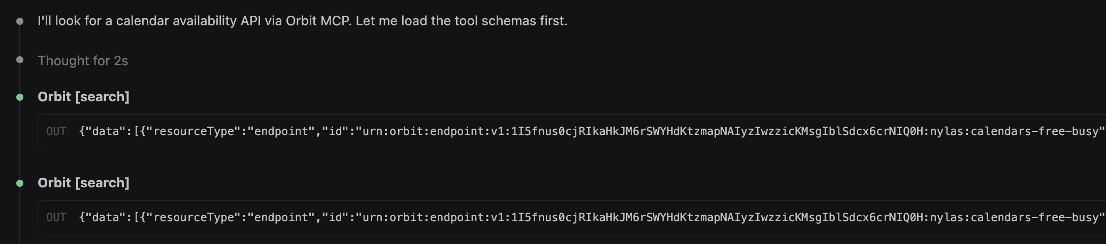Claude Code calling the Orbit search tool and returning endpoint URNs