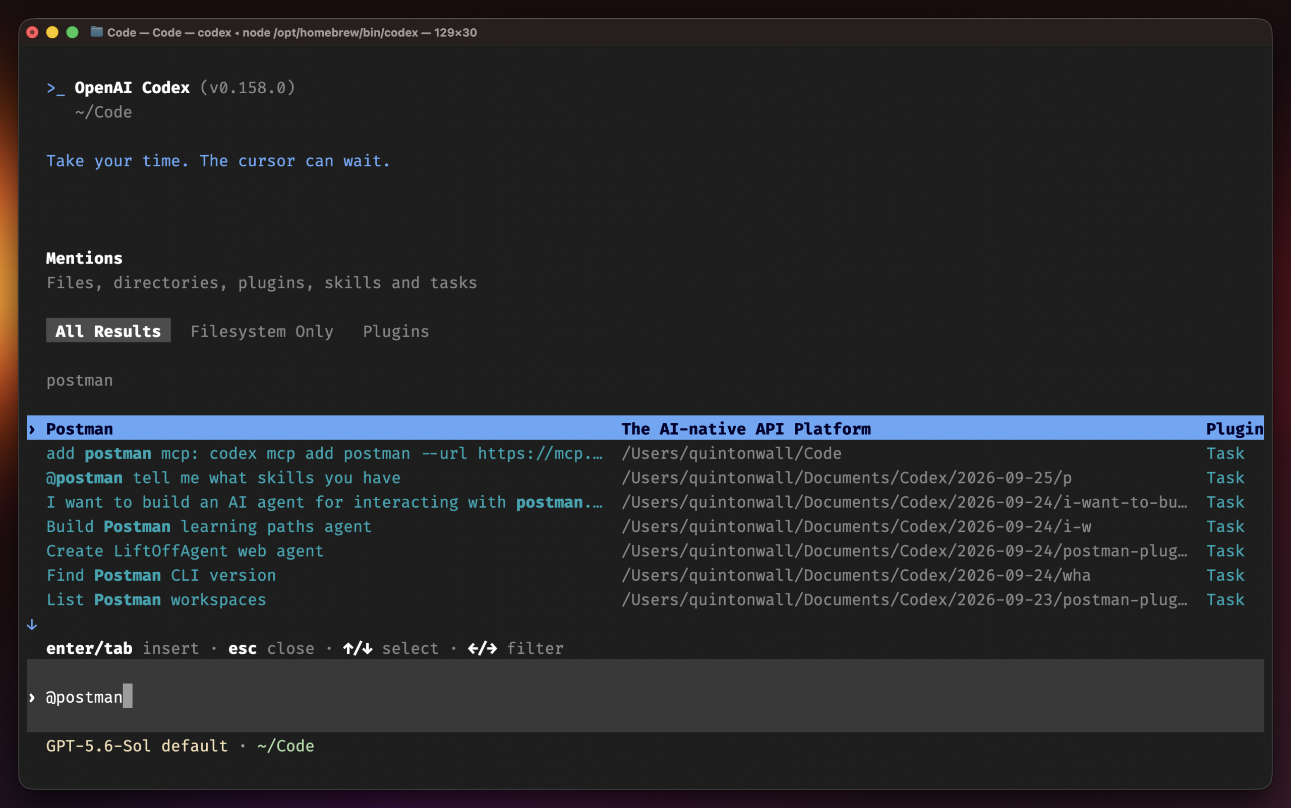 Codex's @-mention picker showing Postman listed as a plugin alongside recent tasks