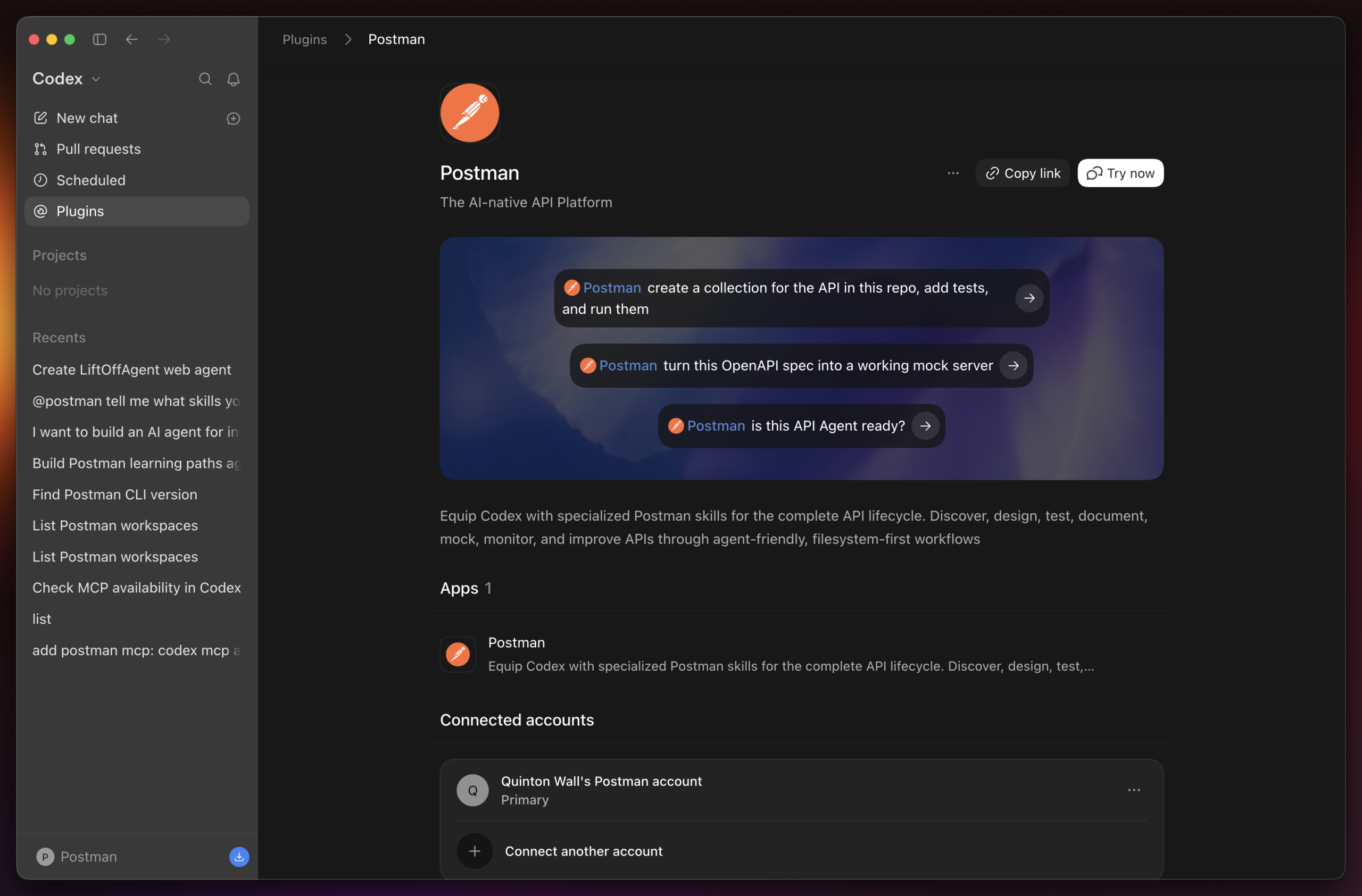 The Postman plugin listing in the Codex plugin marketplace, showing sample @Postman prompts for creating a collection, mocking an OpenAPI spec, and checking AI-readiness