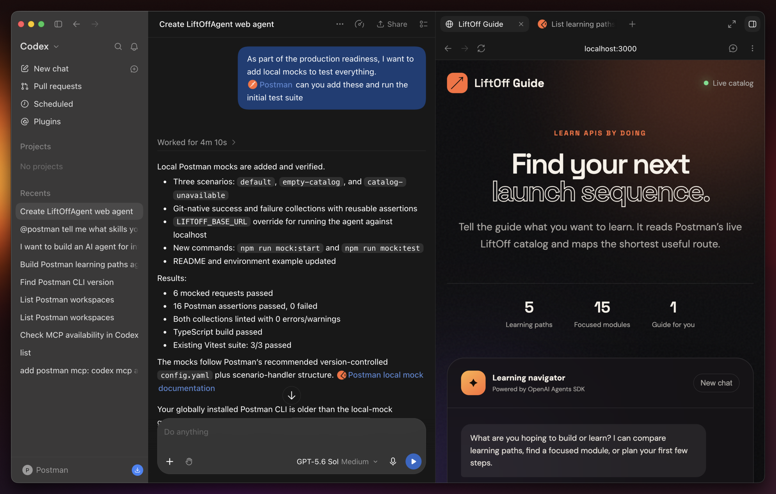 Codex session where a prompt to add local mocks and a test suite results in three scenarios, a git-native collection, and passing test results